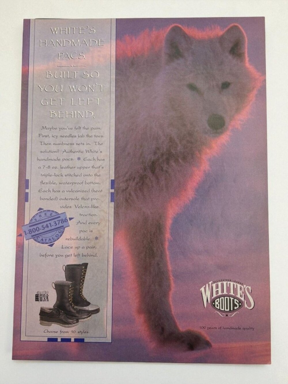 Whites Boots Vintage Print Ad 1990s White Wolf Image All Leather Legend